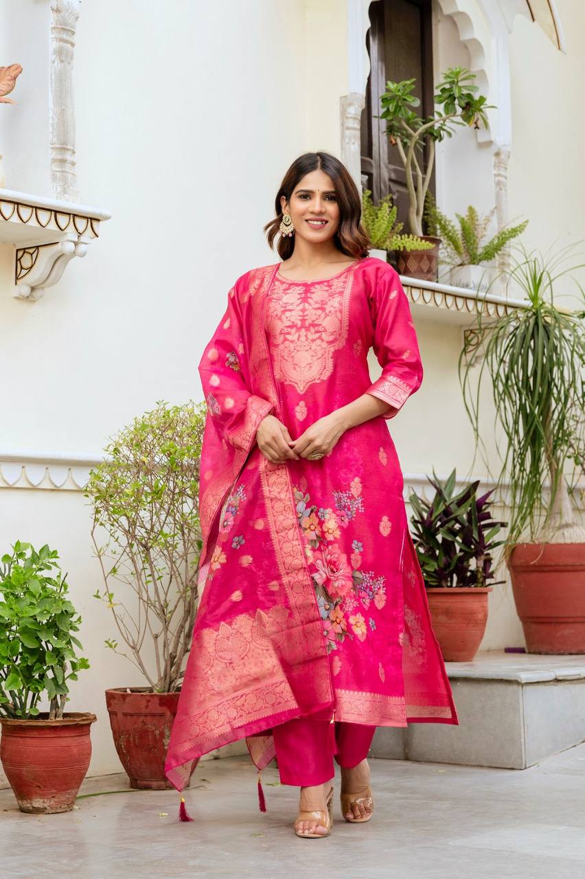 Premium Chanderi Cotton Floral Woven Suit Set with Digital Print Dupatta