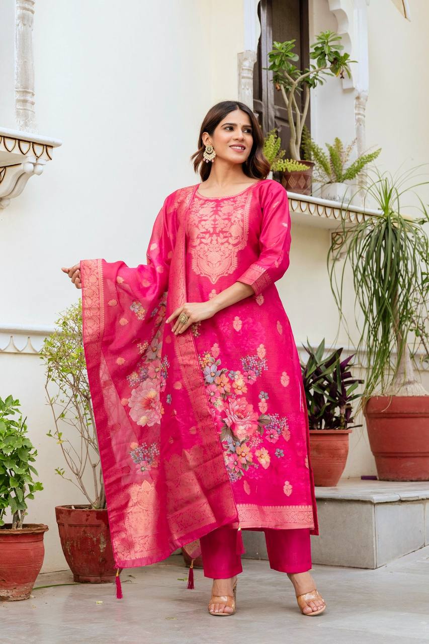 Premium Chanderi Cotton Floral Woven Suit Set with Digital Print Dupatta
