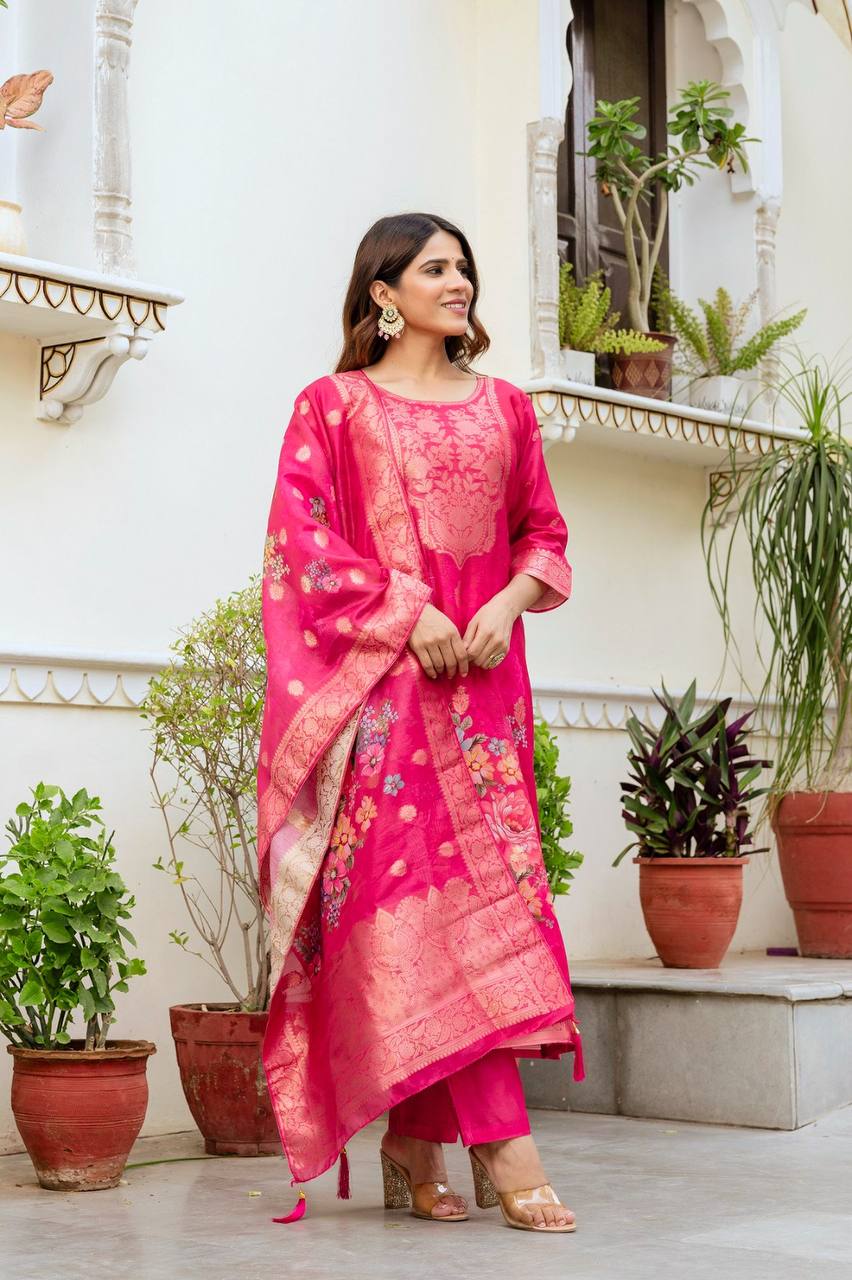 Premium Chanderi Cotton Floral Woven Suit Set with Digital Print Dupatta