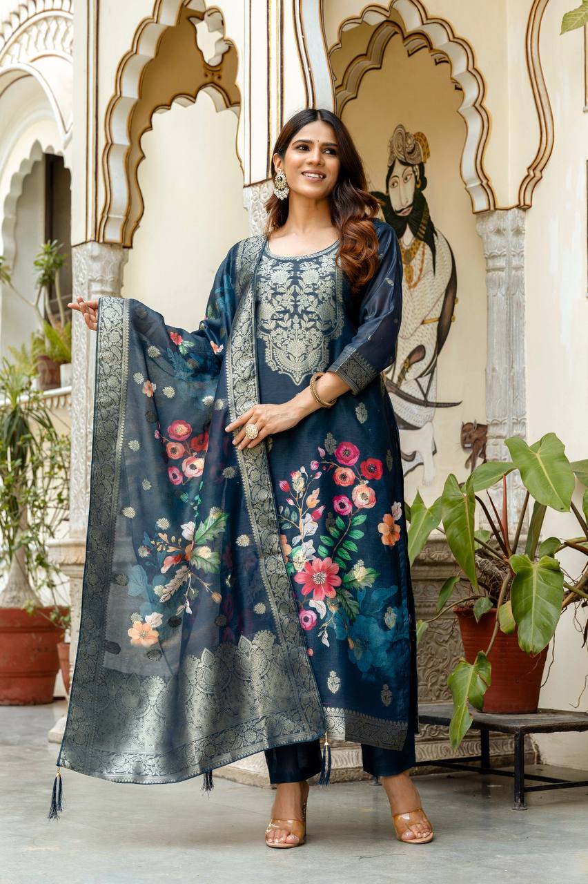 Premium Chanderi Cotton Floral Woven Suit Set with Digital Print Dupatta