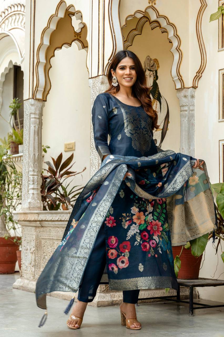 Premium Chanderi Cotton Floral Woven Suit Set with Digital Print Dupatta