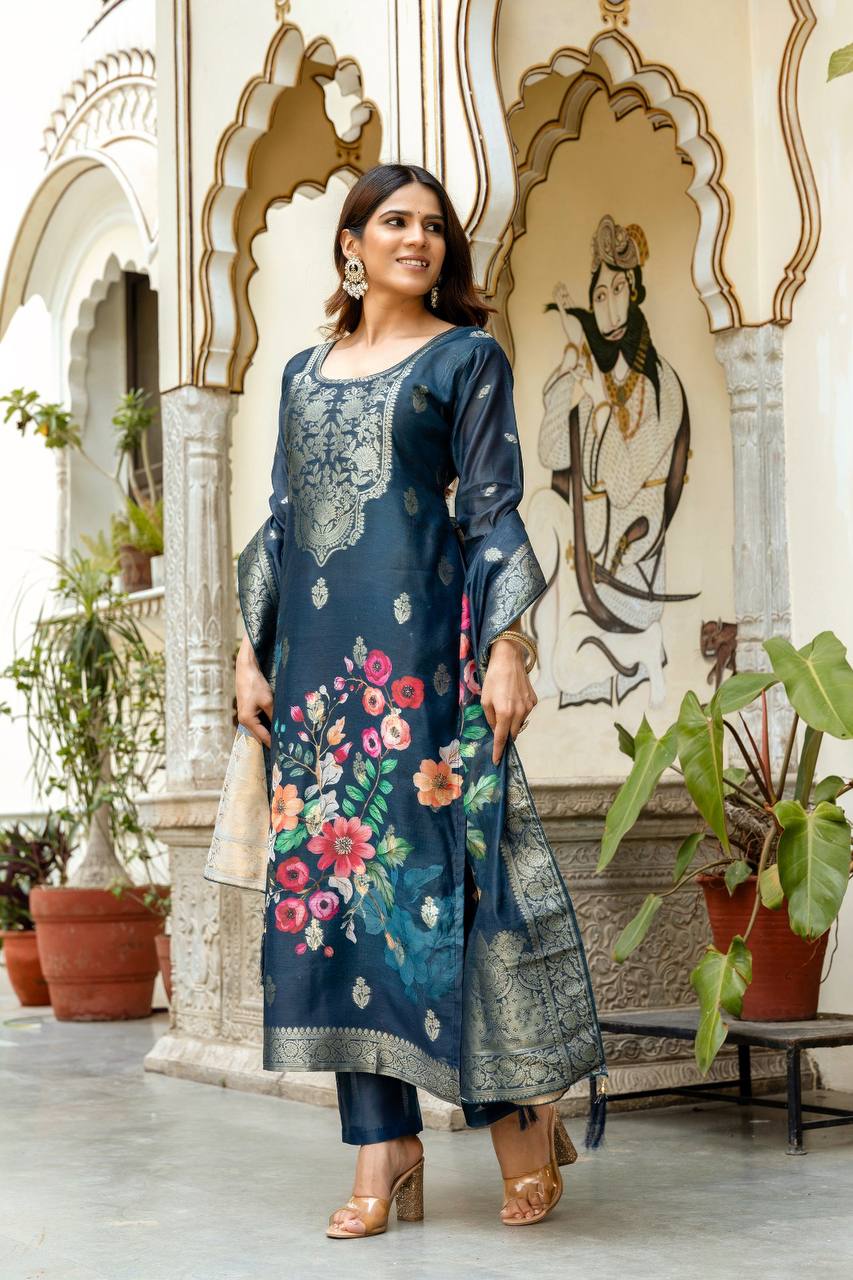 Premium Chanderi Cotton Floral Woven Suit Set with Digital Print Dupatta
