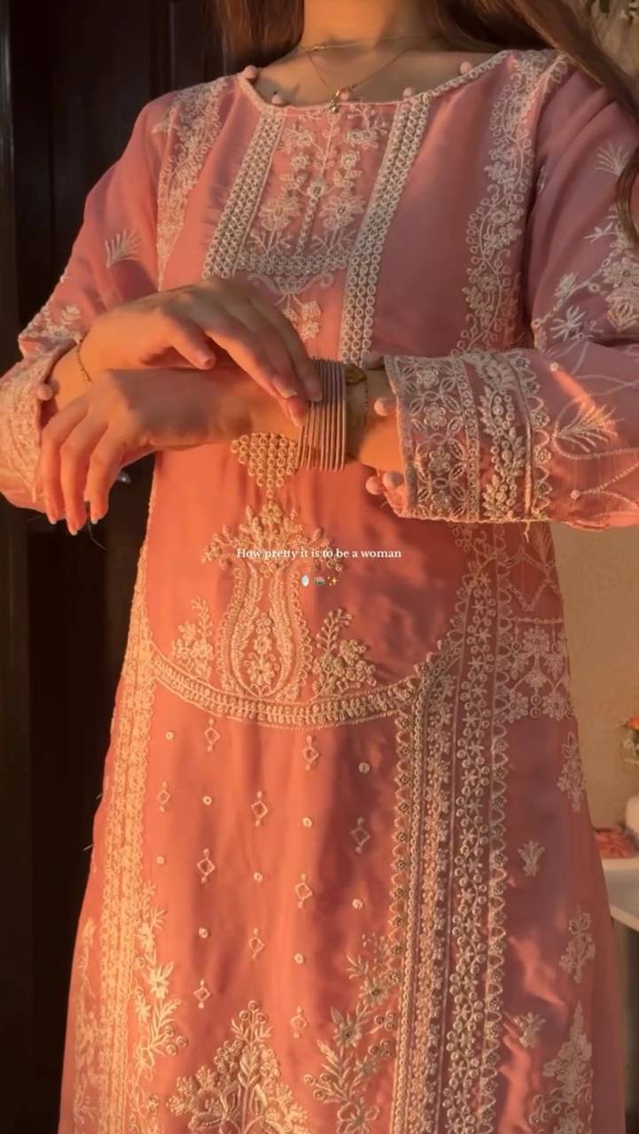 Elegant Georgette Sequence Embroidered Kurti Plazzo Set with Dupatta