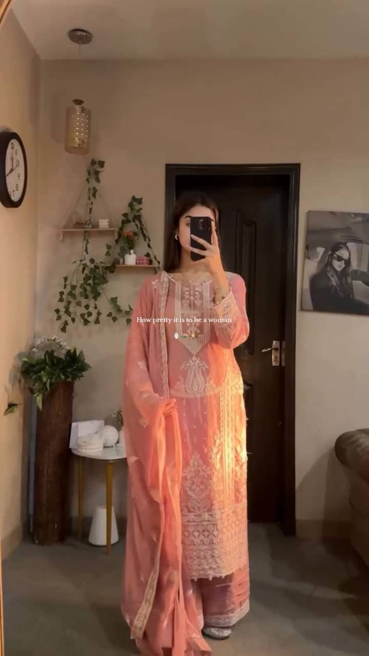 Elegant Georgette Sequence Embroidered Kurti Plazzo Set with Dupatta