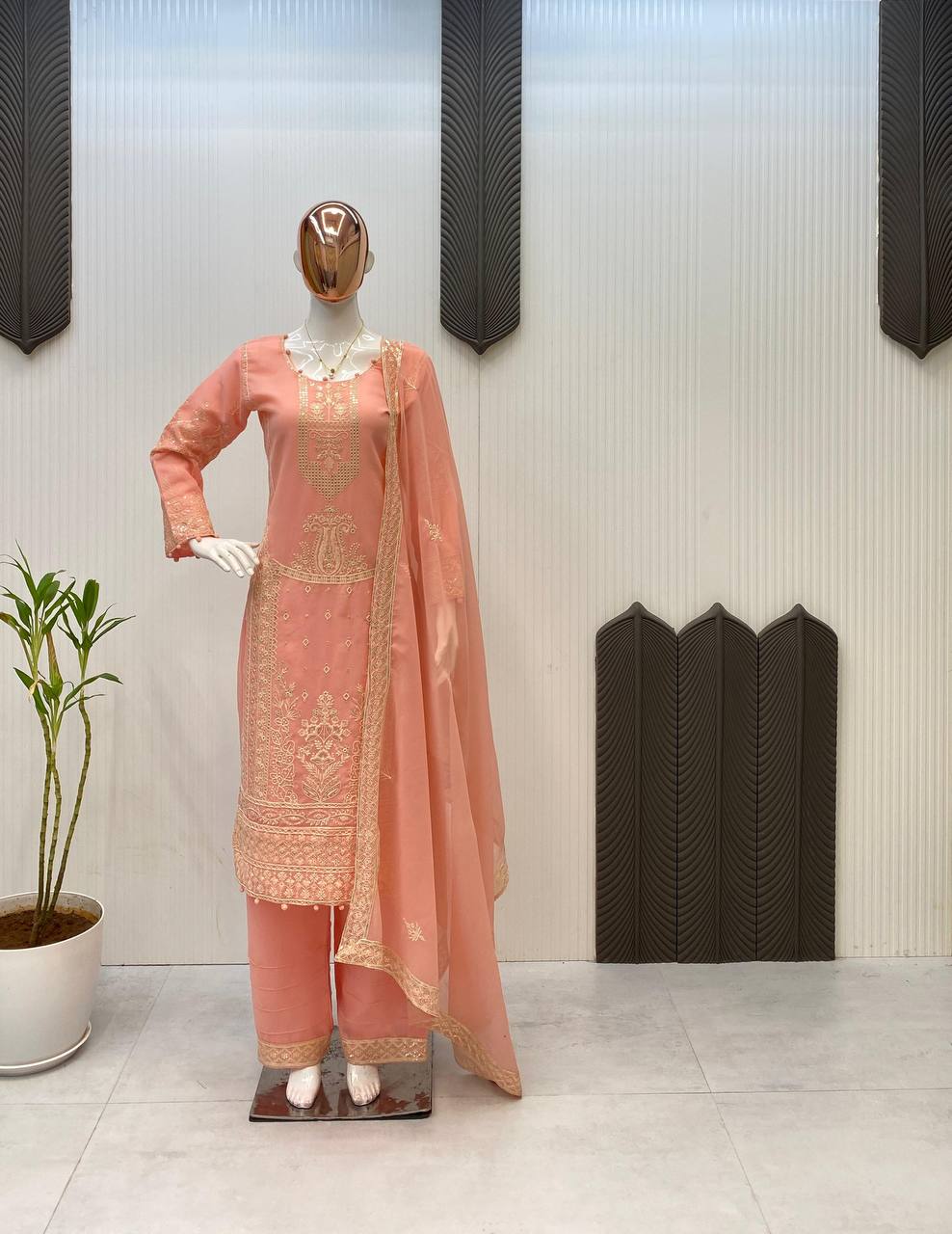 Elegant Georgette Sequence Embroidered Kurti Plazzo Set with Dupatta