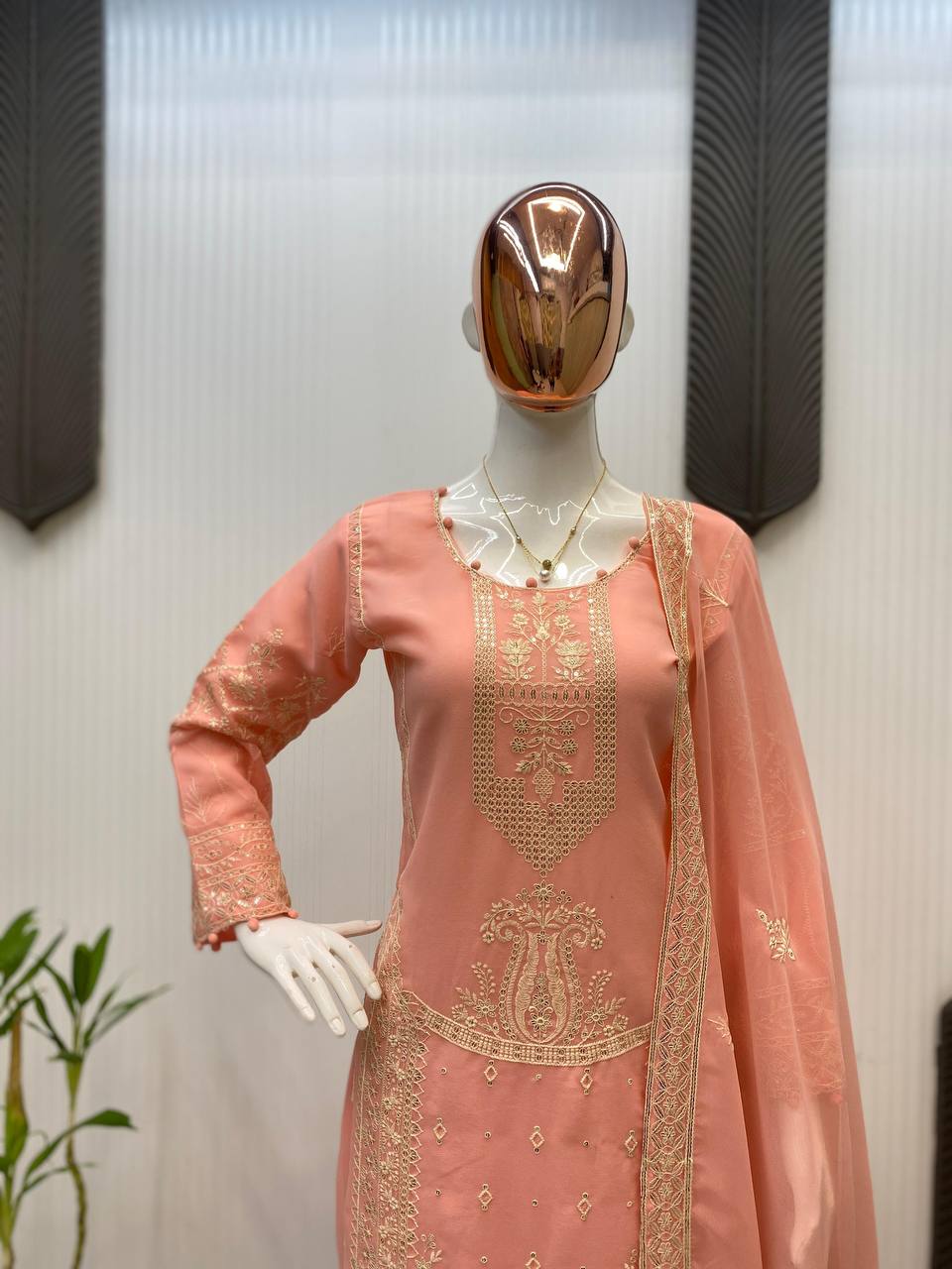 Elegant Georgette Sequence Embroidered Kurti Plazzo Set with Dupatta