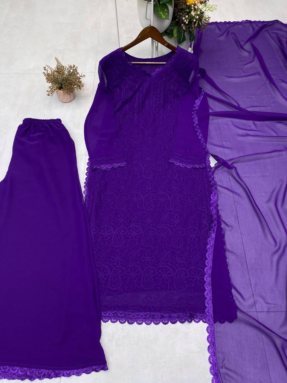 Faux Georgette Embroidered Suit Set with Plazo & Dupatta Running Trending Collection