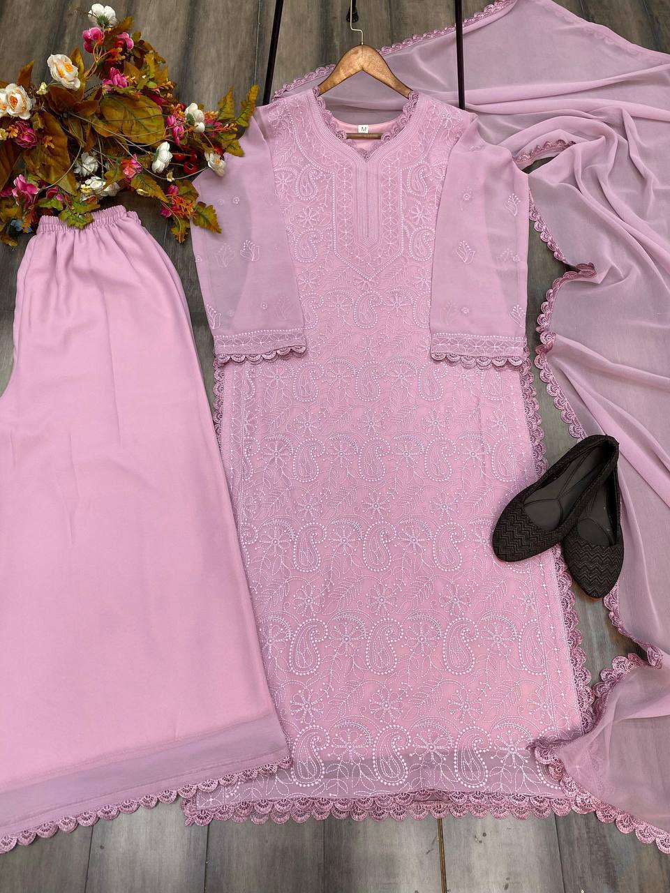 Faux Georgette Embroidered Suit Set with Plazo & Dupatta Running Trending Collection