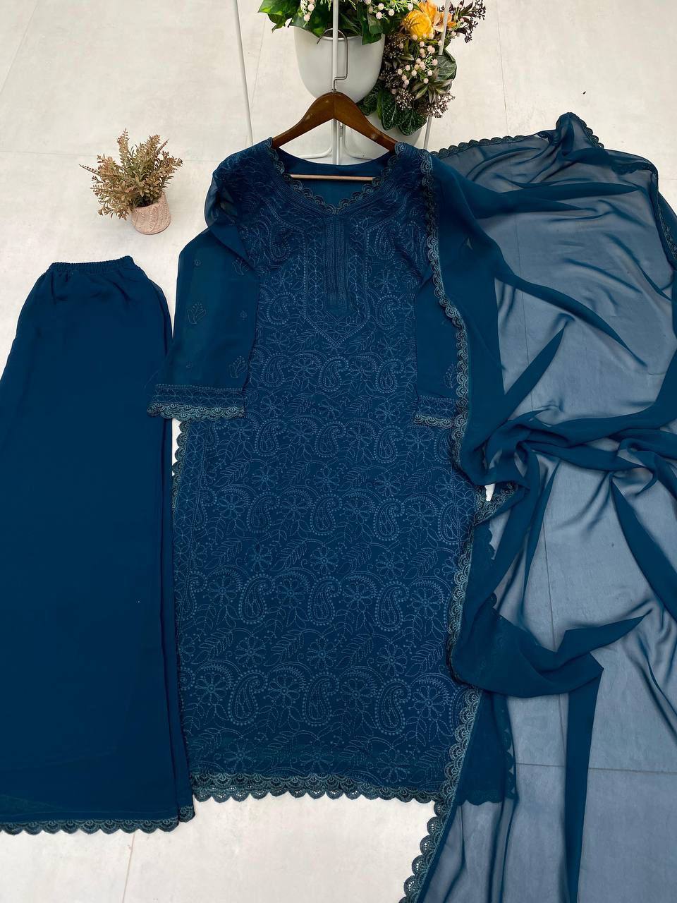 Faux Georgette Embroidered Suit Set with Plazo & Dupatta Running Trending Collection