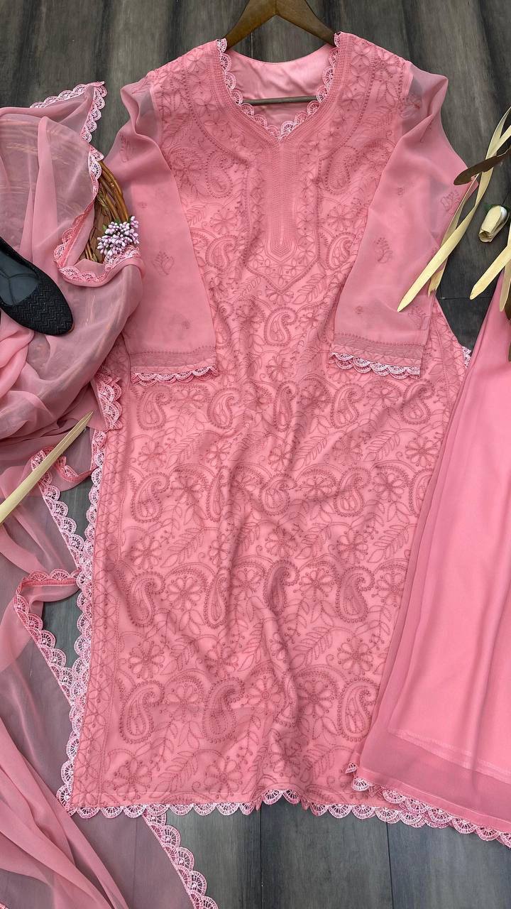 Faux Georgette Embroidered Suit Set with Plazo & Dupatta Running Trending Collection