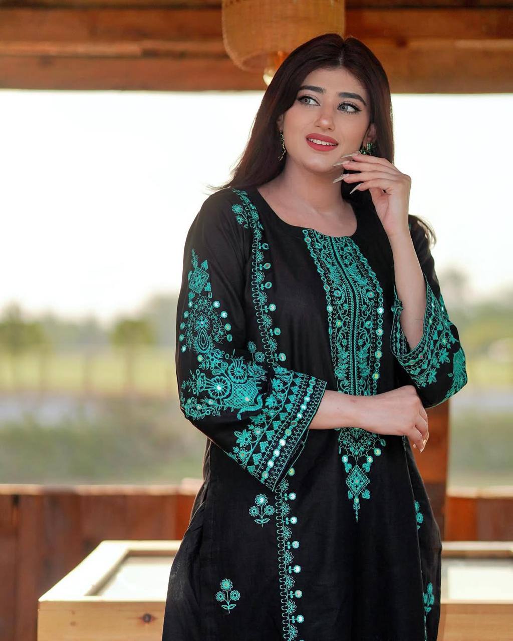 Roman Silk Embroidered Mirror Work Kurti Plazzo Set with Crushed Georgette Dupatta