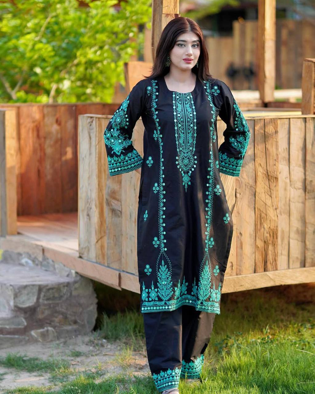 Roman Silk Embroidered Mirror Work Kurti Plazzo Set with Crushed Georgette Dupatta