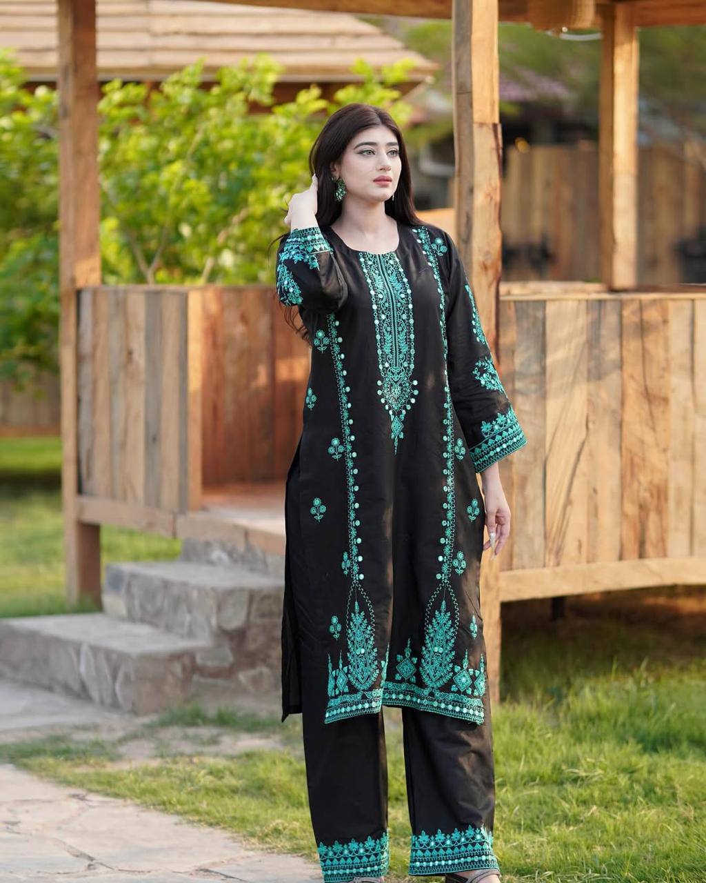 Roman Silk Embroidered Mirror Work Kurti Plazzo Set with Crushed Georgette Dupatta