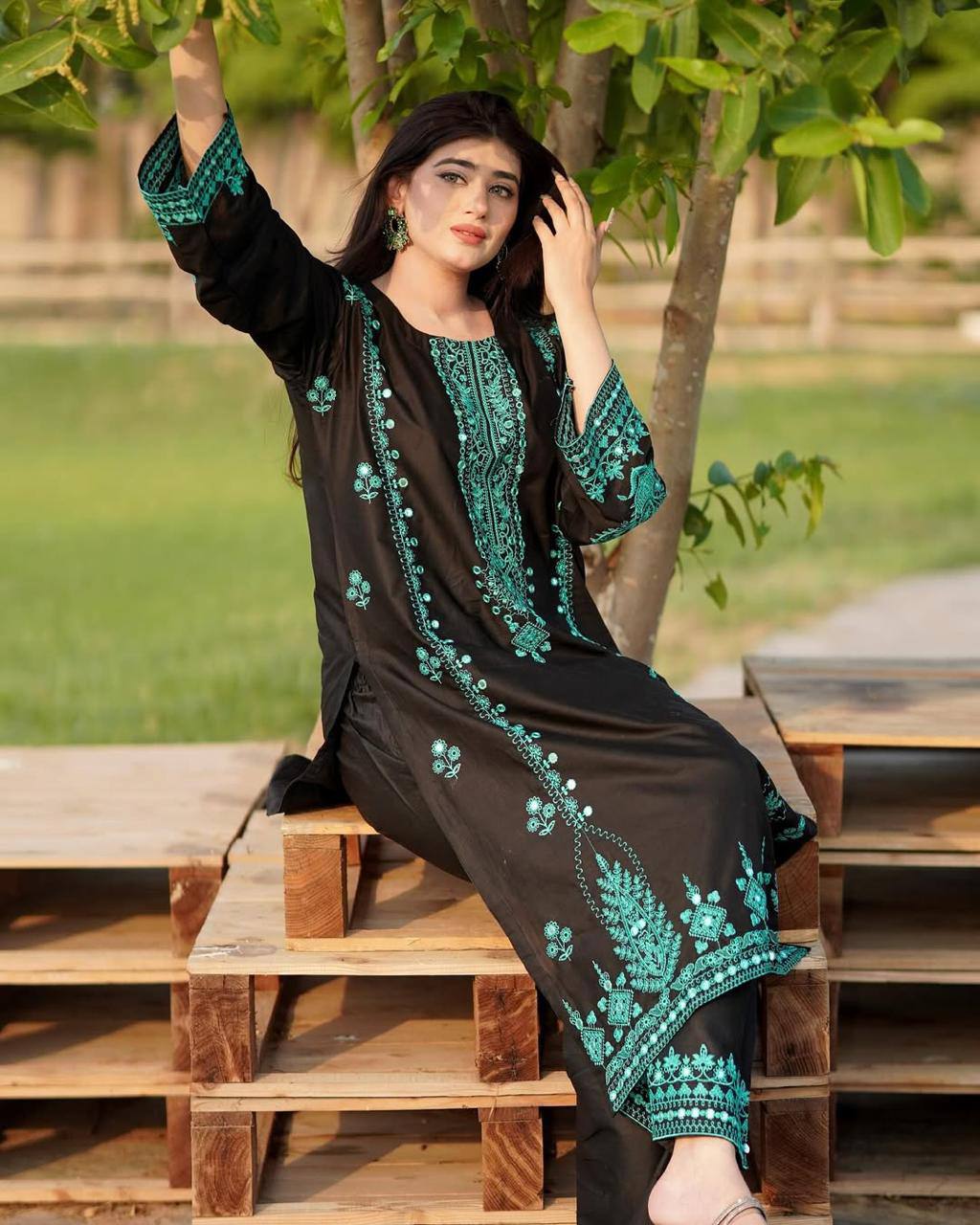 Roman Silk Embroidered Mirror Work Kurti Plazzo Set with Crushed Georgette Dupatta