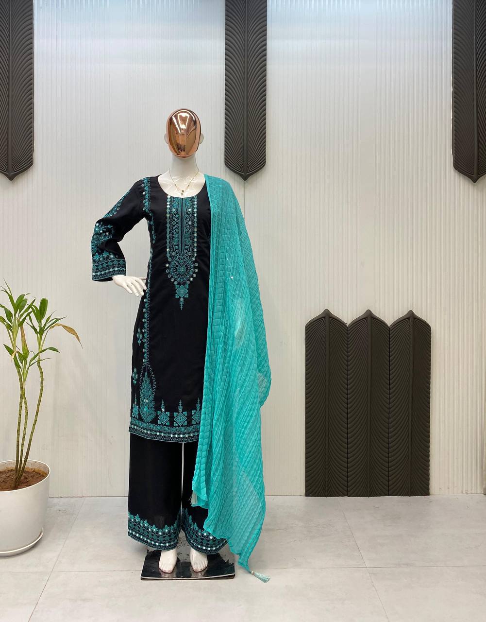 Roman Silk Embroidered Mirror Work Kurti Plazzo Set with Crushed Georgette Dupatta