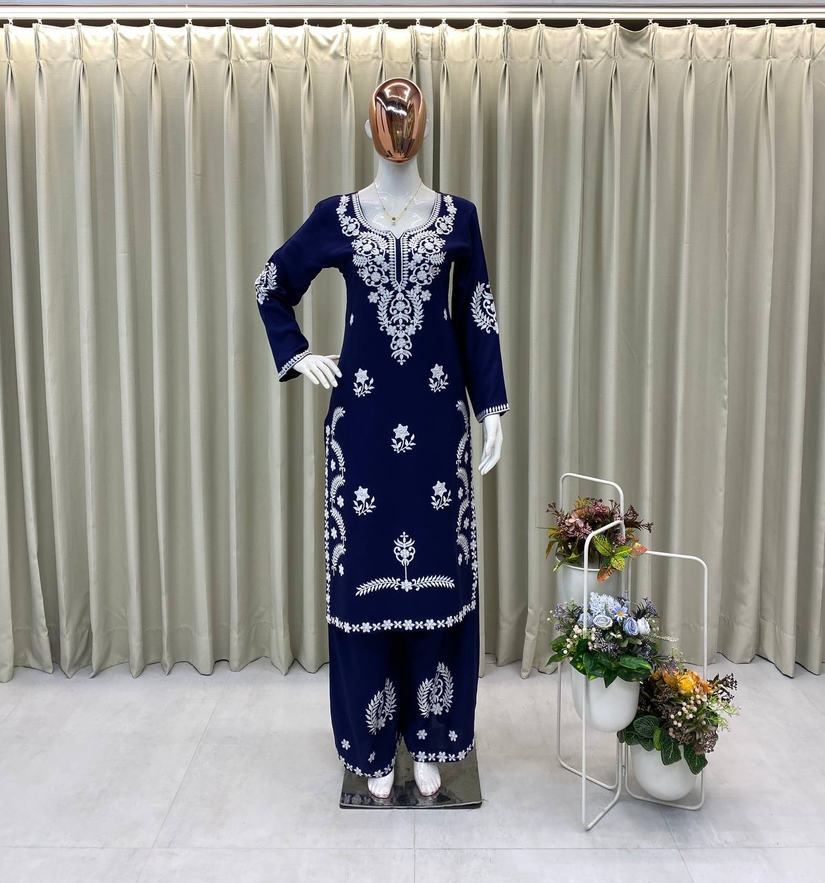 Navy Blue Exclusive Embroidered Reyon Kurti with Plazzo Set