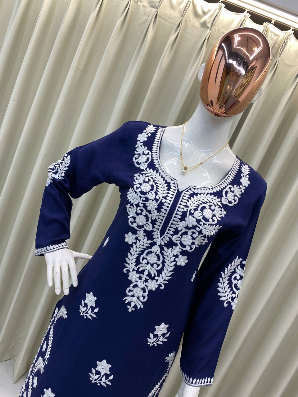 Navy Blue Exclusive Embroidered Reyon Kurti with Plazzo Set