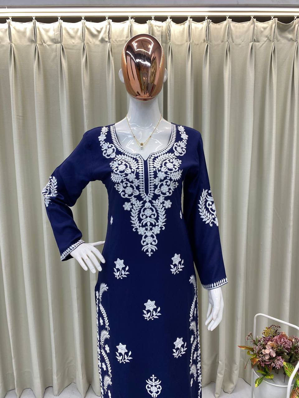 Navy Blue Exclusive Embroidered Reyon Kurti with Plazzo Set