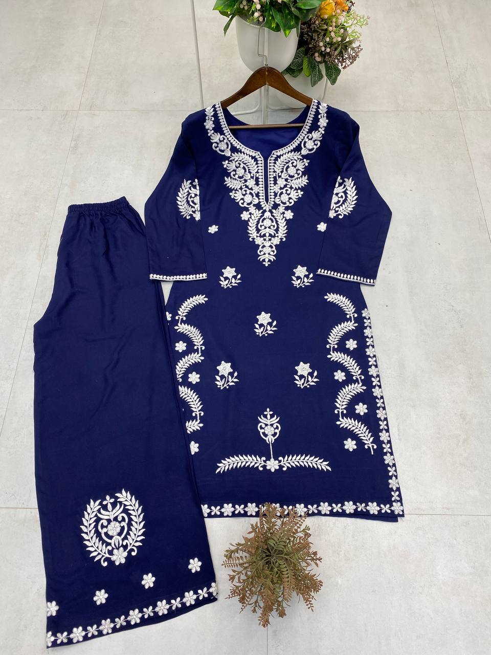 Navy Blue Exclusive Embroidered Reyon Kurti with Plazzo Set