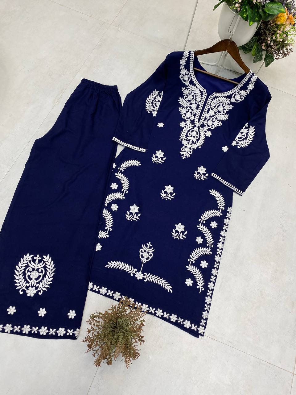 Navy Blue Exclusive Embroidered Reyon Kurti with Plazzo Set
