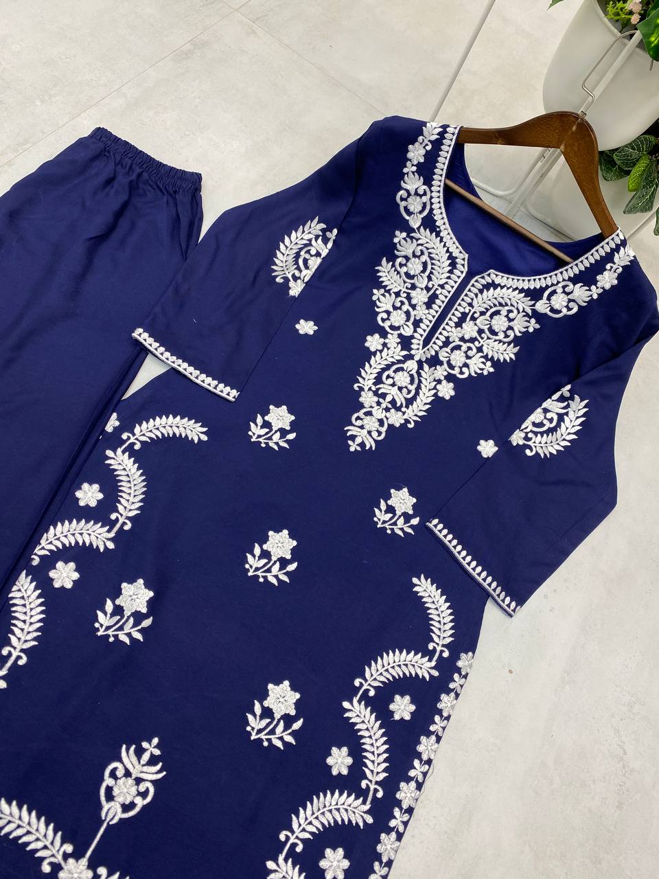Navy Blue Exclusive Embroidered Reyon Kurti with Plazzo Set