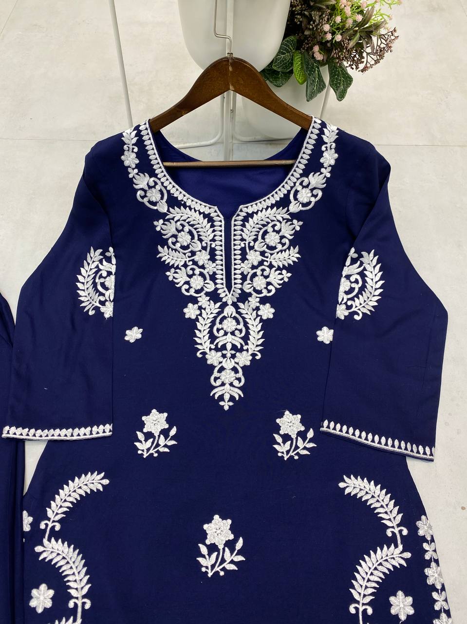 Navy Blue Exclusive Embroidered Reyon Kurti with Plazzo Set