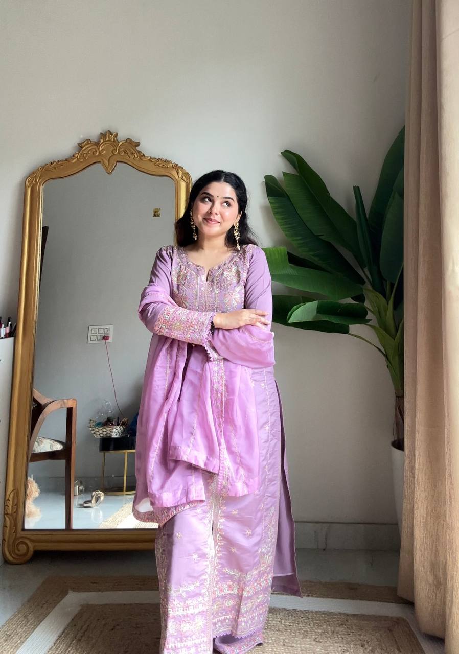 Luxury Roman Silk Embroidered Straight Suit Set with Plazzo & Organza Dupatta