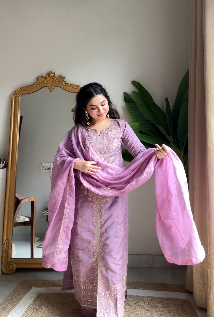 Luxury Roman Silk Embroidered Straight Suit Set with Plazzo & Organza Dupatta