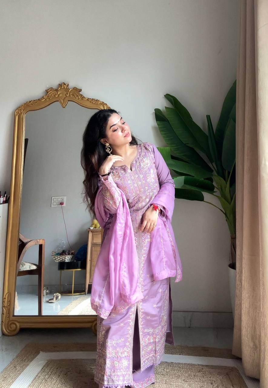 Luxury Roman Silk Embroidered Straight Suit Set with Plazzo & Organza Dupatta