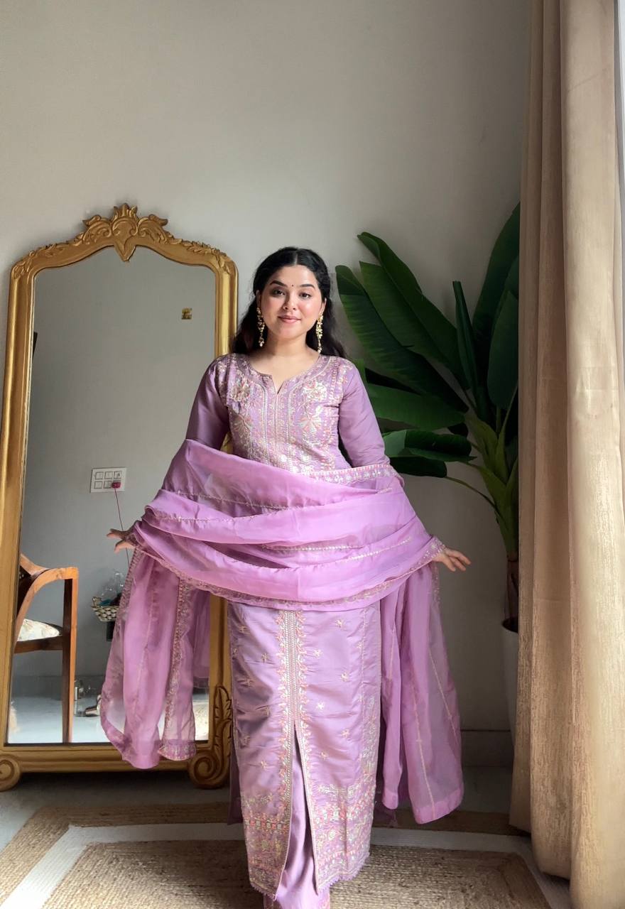 Luxury Roman Silk Embroidered Straight Suit Set with Plazzo & Organza Dupatta