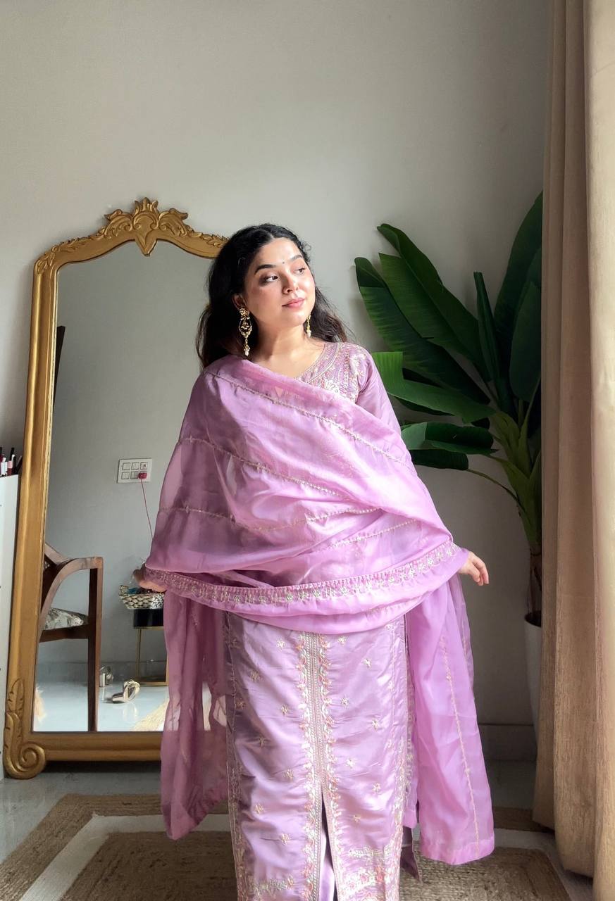 Luxury Roman Silk Embroidered Straight Suit Set with Plazzo & Organza Dupatta