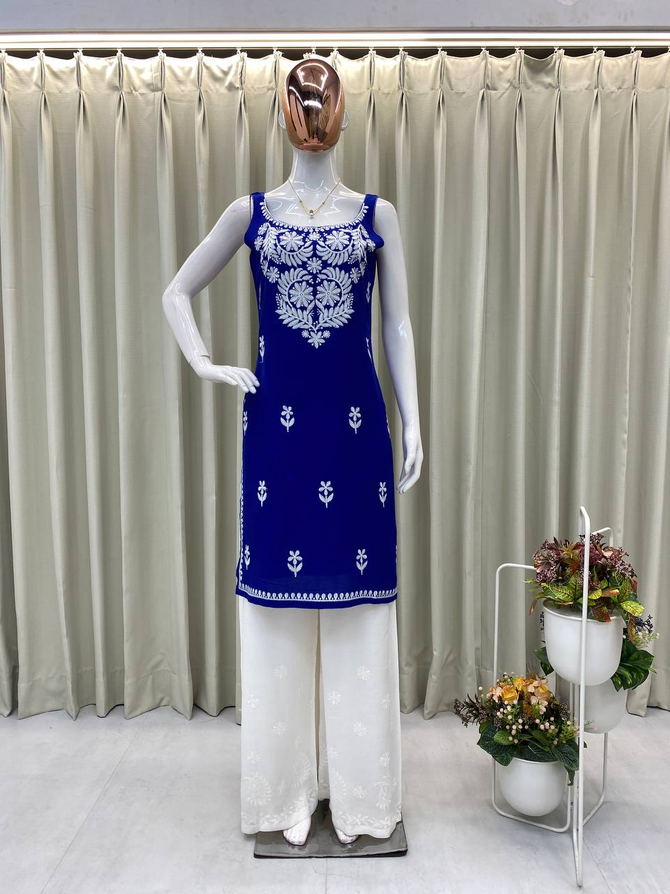 Premium Rayon Embroidered Sleeveless Kurti with White Palazzo Set