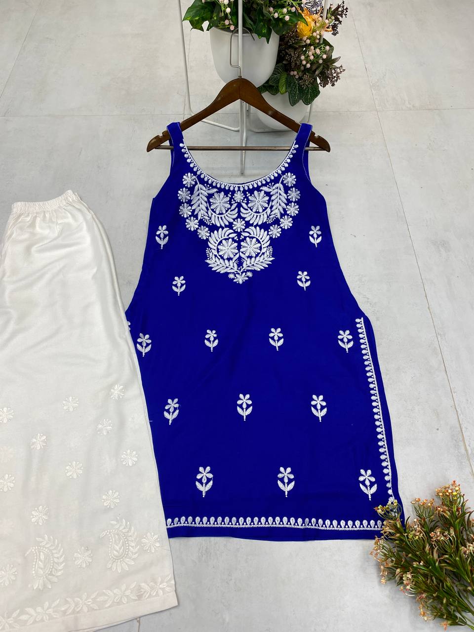Premium Rayon Embroidered Sleeveless Kurti with White Palazzo Set