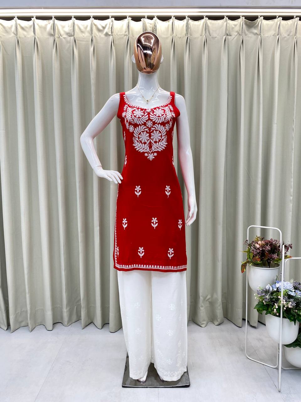 Premium Rayon Embroidered Sleeveless Kurti with White Palazzo Set