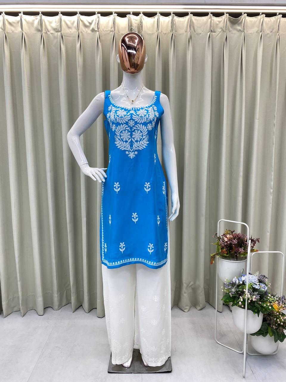 Premium Rayon Embroidered Sleeveless Kurti with White Palazzo Set