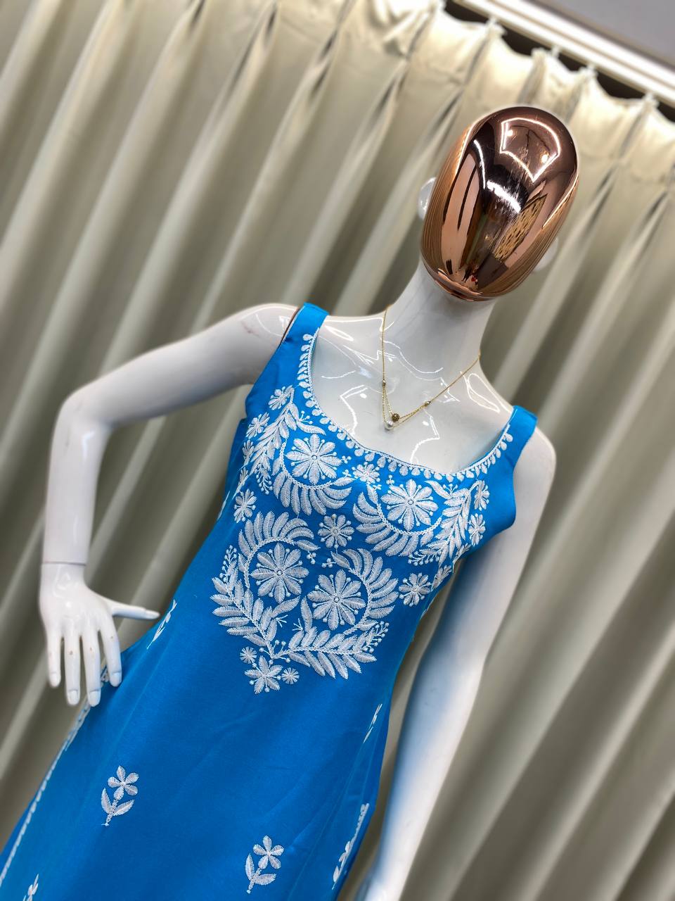 Premium Rayon Embroidered Sleeveless Kurti with White Palazzo Set