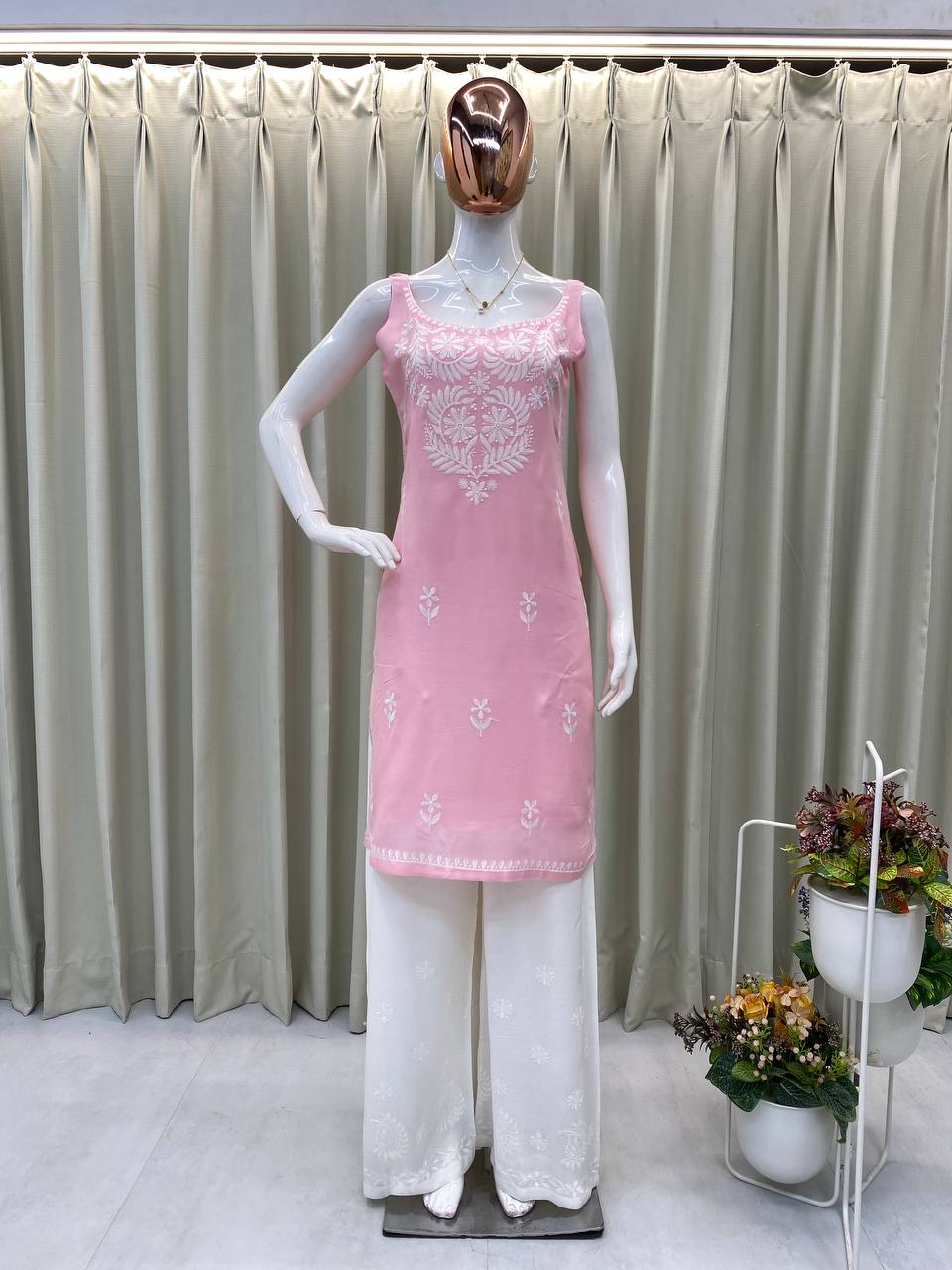 Premium Rayon Embroidered Sleeveless Kurti with White Palazzo Set