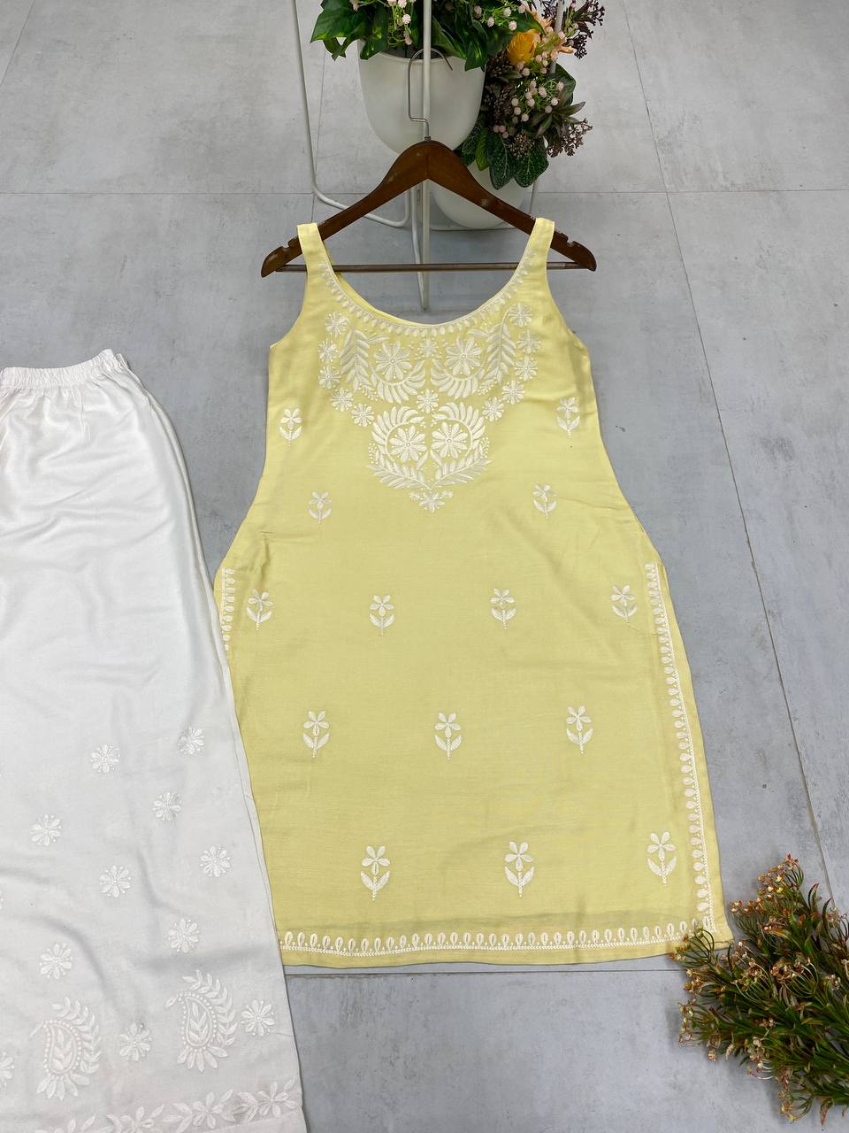 Premium Rayon Embroidered Sleeveless Kurti with White Palazzo Set