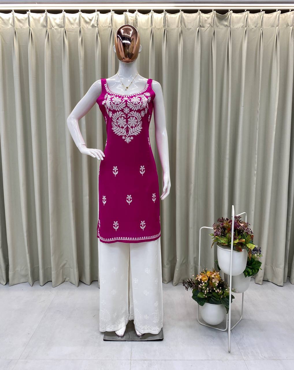 Premium Rayon Embroidered Sleeveless Kurti with White Palazzo Set