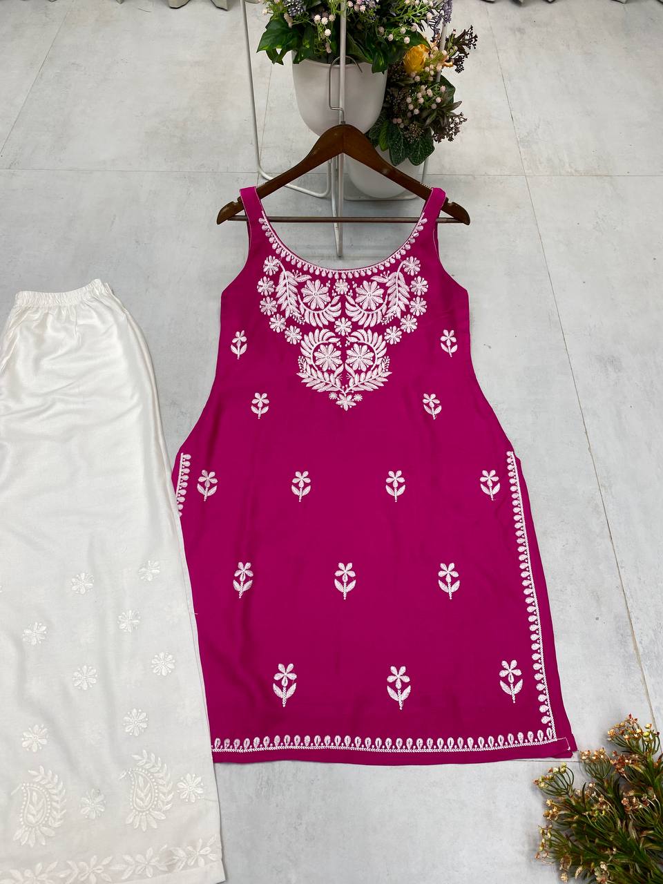 Premium Rayon Embroidered Sleeveless Kurti with White Palazzo Set