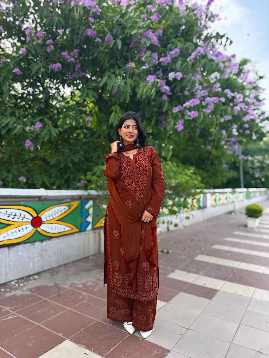 Premium Faux Georgette Embroidered Suit With Dupatta – Women’s Designer Palazzo Set