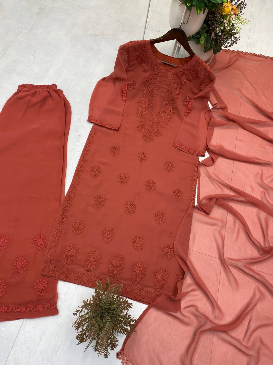 Premium Faux Georgette Embroidered Suit With Dupatta – Women’s Designer Palazzo Set