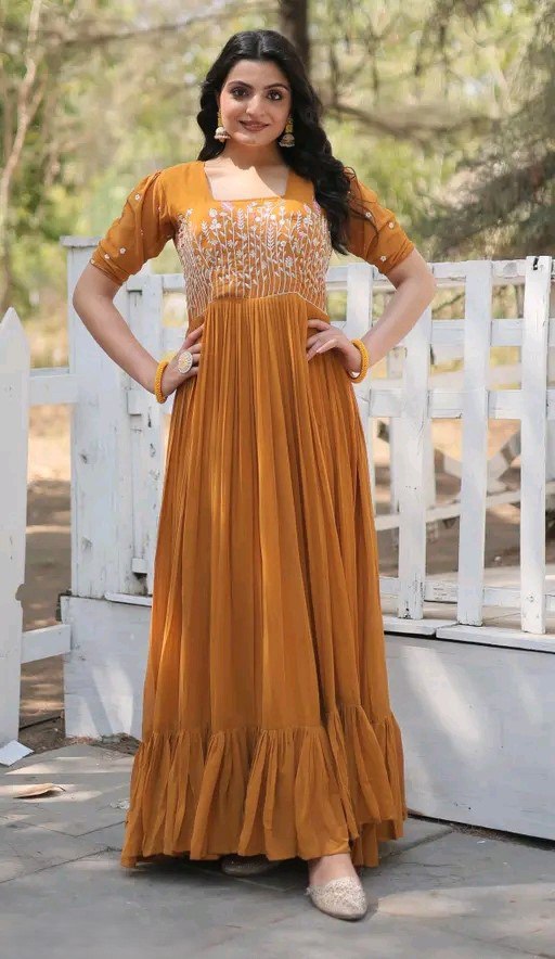 Premium Vichitra Silk Embroidered Gown with 3/4 Sleeves