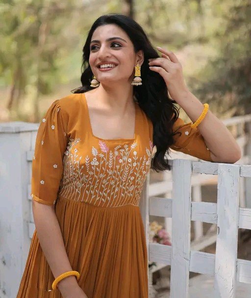 Premium Vichitra Silk Embroidered Gown with 3/4 Sleeves