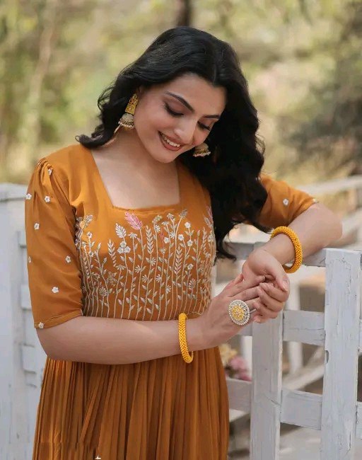 Premium Vichitra Silk Embroidered Gown with 3/4 Sleeves