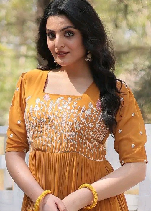 Premium Vichitra Silk Embroidered Gown with 3/4 Sleeves