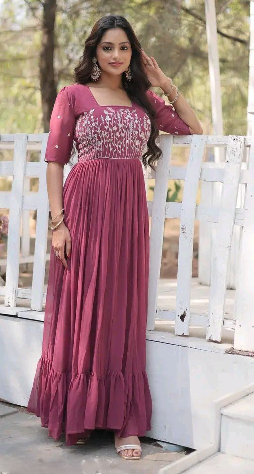 Premium Vichitra Silk Embroidered Gown with 3/4 Sleeves