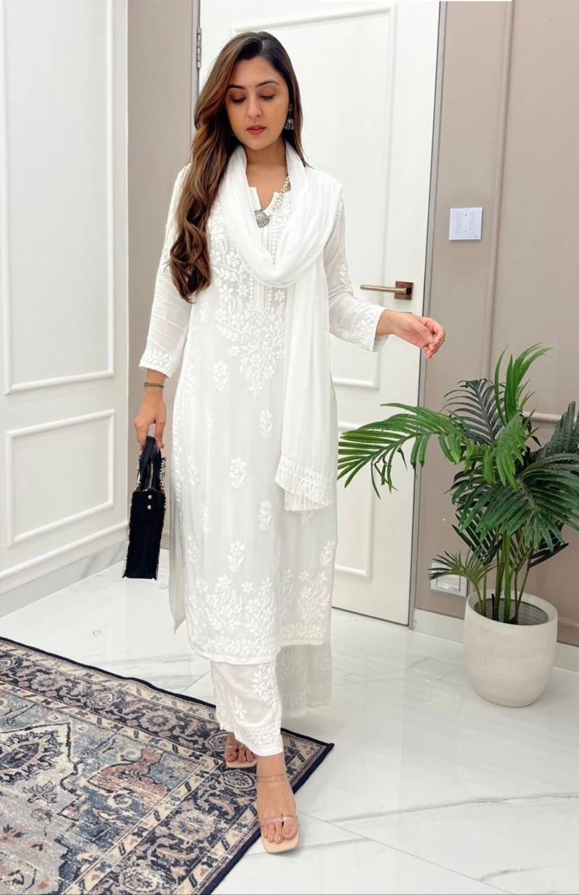 Pure White Maslin Embroidered Suit Set with Plazo & Dupatta