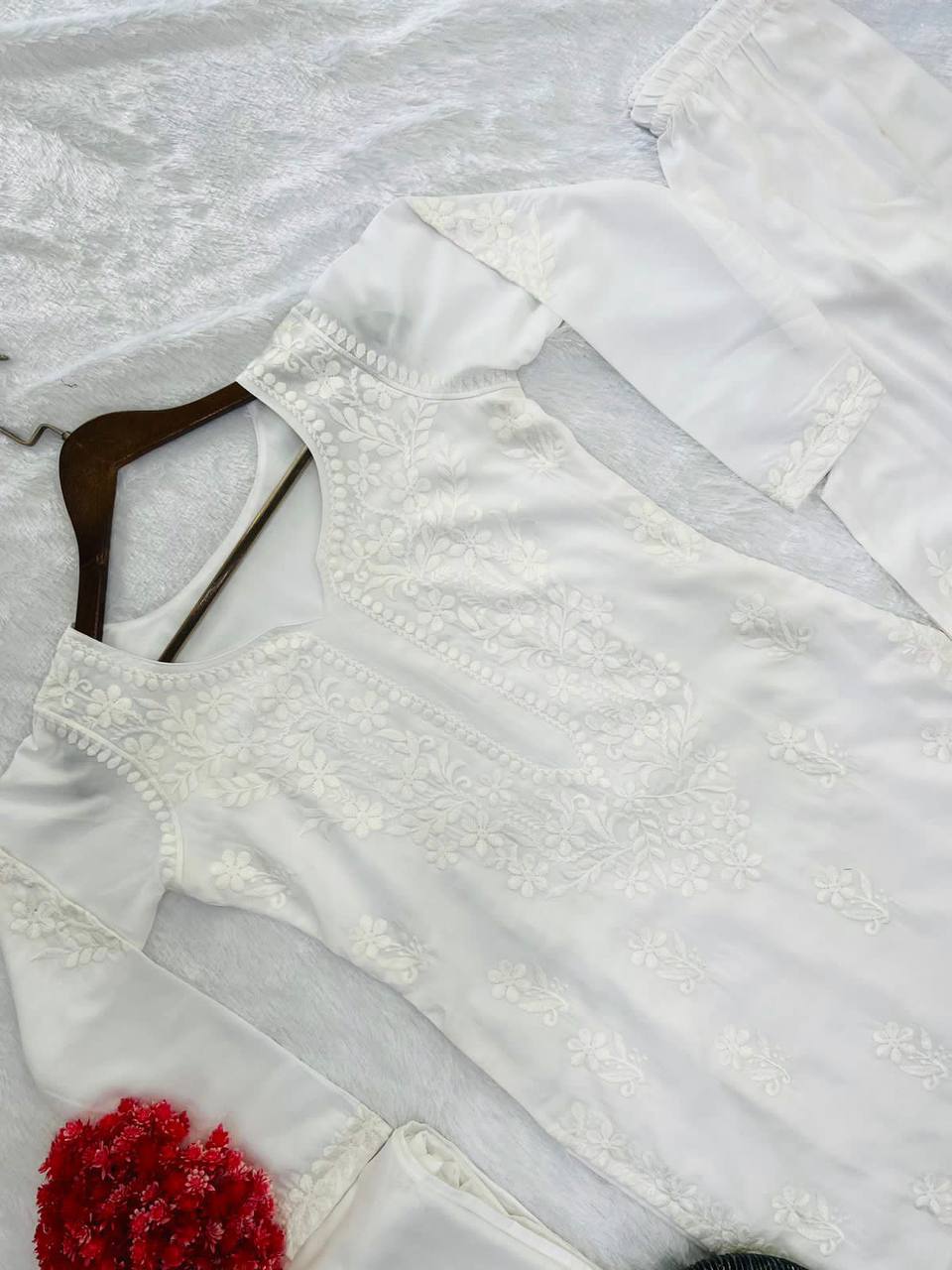 Pure White Maslin Embroidered Suit Set with Plazo & Dupatta