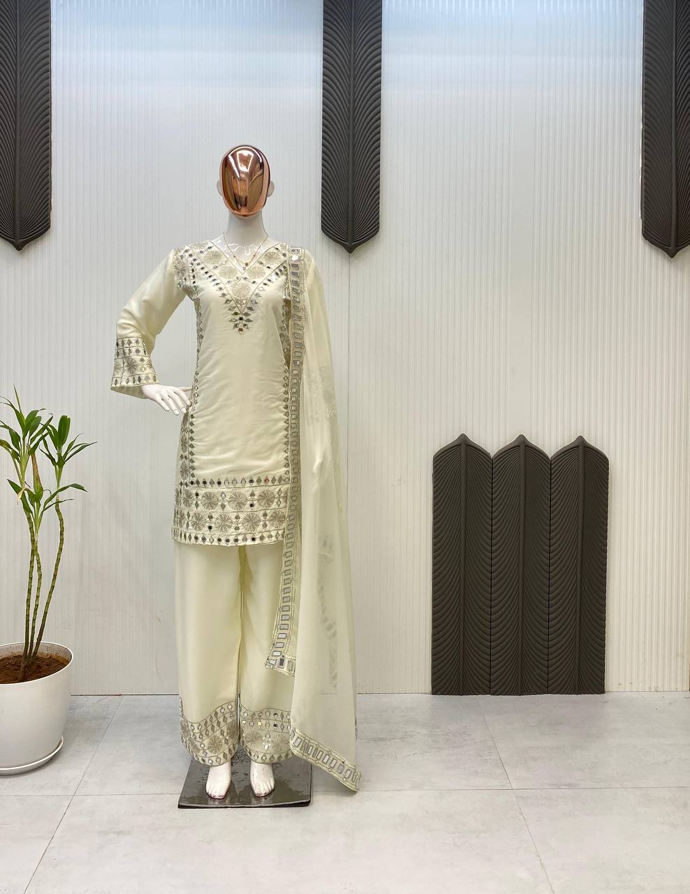 Georgette Real Mirror Work Kurti Plazzo Set with Embroidered Dupatta